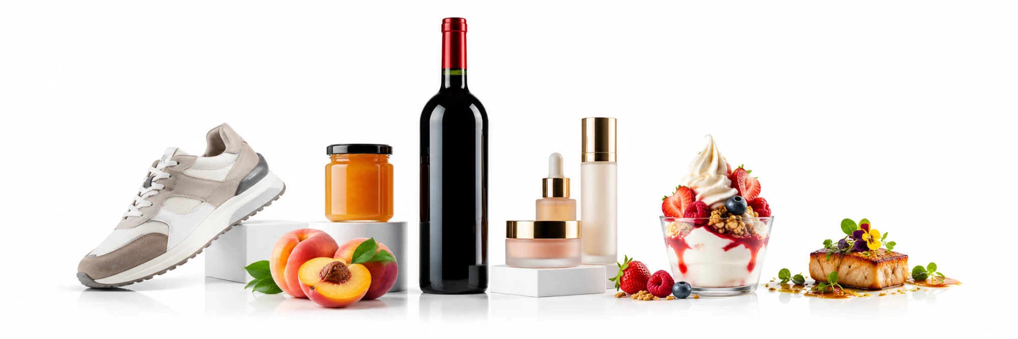 Bodegón de fotografía de producto: zapatilla, mermelada, vino, cosmética, postre y plato gastronómico